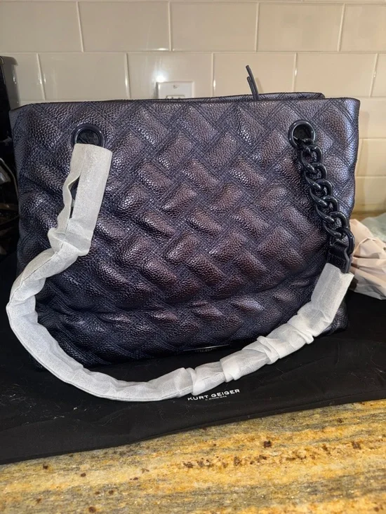 Kurt Geiger Metallic Deep Navy Quilted Tote with Chain-Trim Straps - Picture 10 of 15